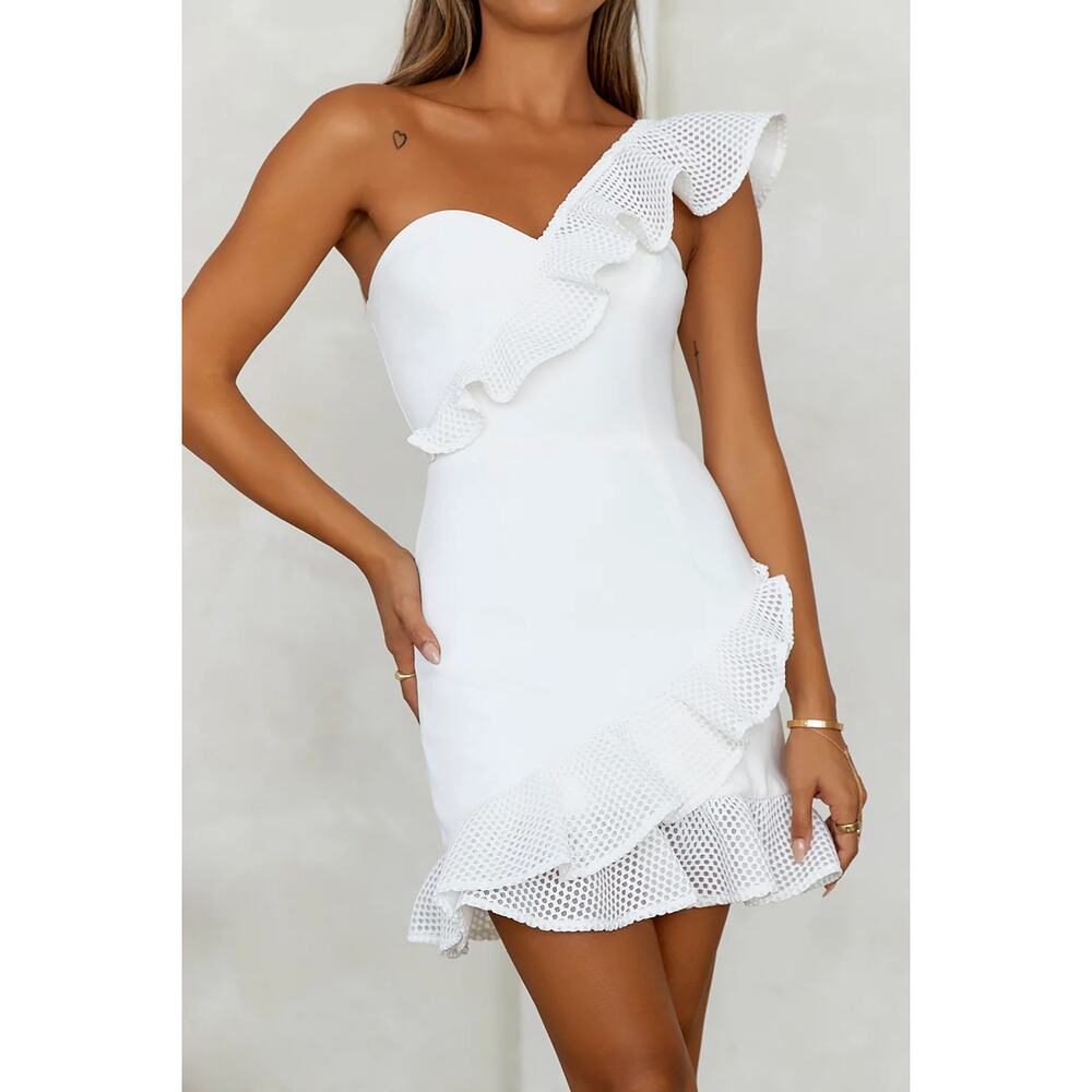 NWT Hello Molly Lavish Soirées Mini Dress Womens M/US 6 White Mesh Frill Ruffle